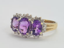 Load image into Gallery viewer, 0504: Vintage: 9ct Gold Purple Amethysts 28 Diamonds Halos Dress Ring- elegant
