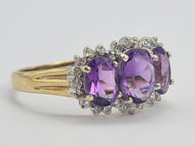 Load image into Gallery viewer, 0504: Vintage: 9ct Gold Purple Amethysts 28 Diamonds Halos Dress Ring- elegant
