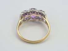 Load image into Gallery viewer, 0504: Vintage: 9ct Gold Purple Amethysts 28 Diamonds Halos Dress Ring- elegant
