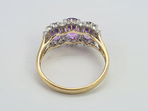 0504: Vintage: 9ct Gold Purple Amethysts 28 Diamonds Halos Dress Ring- elegant