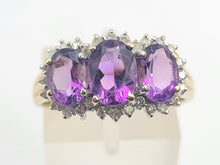 Load image into Gallery viewer, 0504: Vintage: 9ct Gold Purple Amethysts 28 Diamonds Halos Dress Ring- elegant
