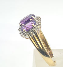 Load image into Gallery viewer, 0504: Vintage: 9ct Gold Purple Amethysts 28 Diamonds Halos Dress Ring- elegant
