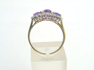 0504: Vintage: 9ct Gold Purple Amethysts 28 Diamonds Halos Dress Ring- elegant