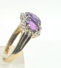 Load image into Gallery viewer, 0504: Vintage: 9ct Gold Purple Amethysts 28 Diamonds Halos Dress Ring- elegant
