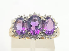 Load image into Gallery viewer, 0504: Vintage: 9ct Gold Purple Amethysts 28 Diamonds Halos Dress Ring- elegant
