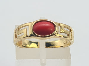 0402: Vintage: 14ct Gold Geometric Set Red Cabochon Coral Signet Ring