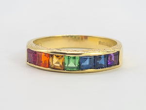 0411: Vintage: 18ct Gold 7 Gemstones Channel Set Stacker/Dress Ring- vivid, vibrant, rainbow