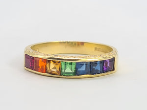 0411: Vintage: 18ct Gold 7 Gemstones Channel Set Stacker/Dress Ring- vivid, vibrant, rainbow