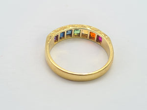 0411: Vintage: 18ct Gold 7 Gemstones Channel Set Stacker/Dress Ring- vivid, vibrant, rainbow