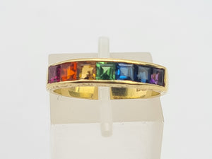 0411: Vintage: 18ct Gold 7 Gemstones Channel Set Stacker/Dress Ring- vivid, vibrant, rainbow