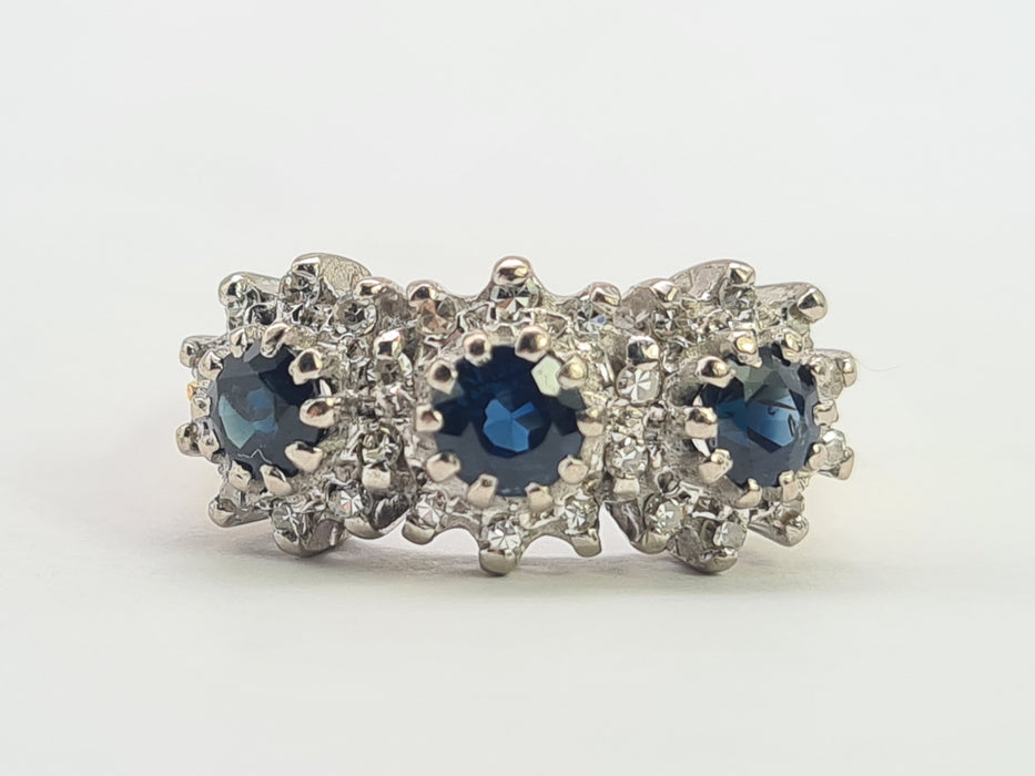 6301 Vintage: 18ct Gold French Blue Sapphires 26 Diamonds Cocktail Ring- Date Mark 1971