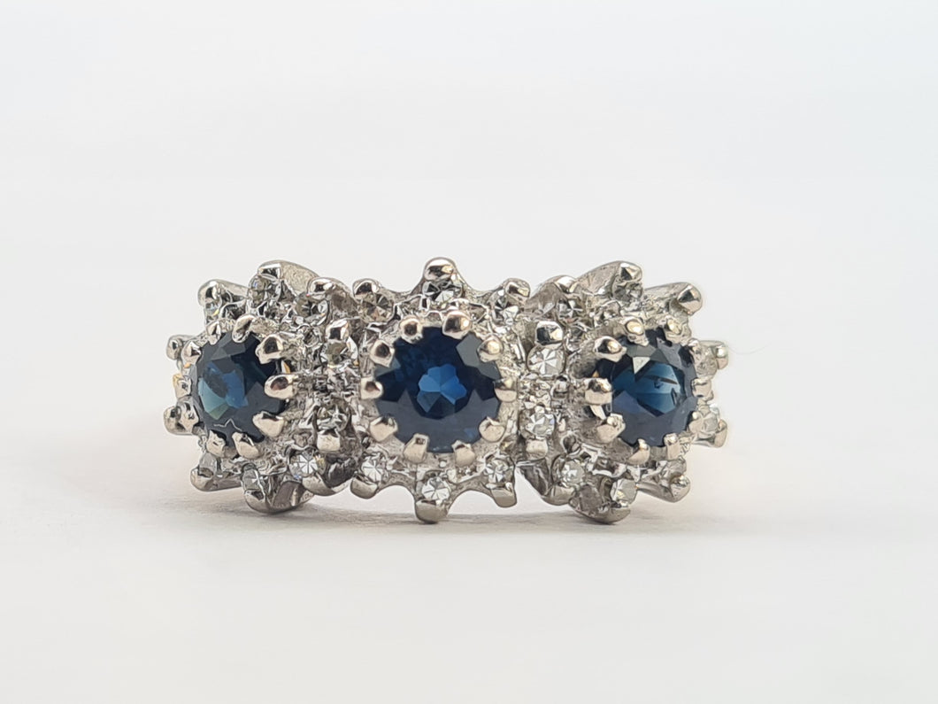 0424: Vintage: 18ct Gold French Blue Sapphires 26 Diamonds Cocktail Ring- Date Mark 1971