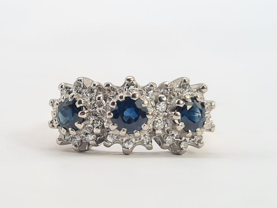 6301 Vintage: 18ct Gold French Blue Sapphires 26 Diamonds Cocktail Ring- Date Mark 1971