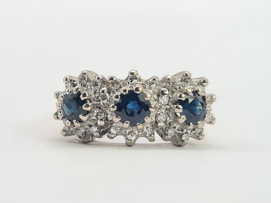6301 Vintage: 18ct Gold French Blue Sapphires 26 Diamonds Cocktail Ring- Date Mark 1971