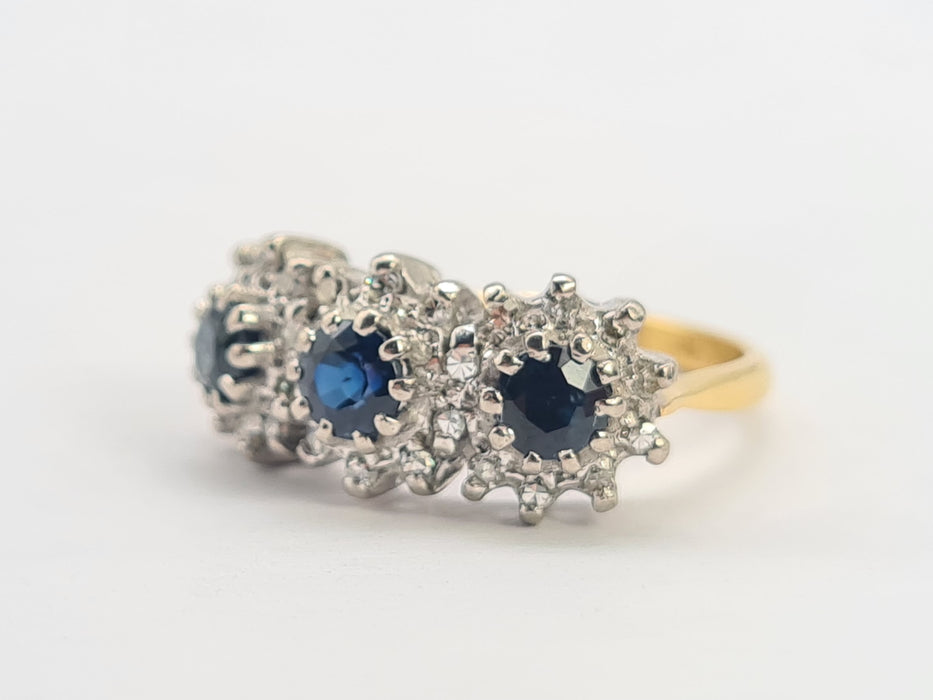 6301 Vintage: 18ct Gold French Blue Sapphires 26 Diamonds Cocktail Ring- Date Mark 1971