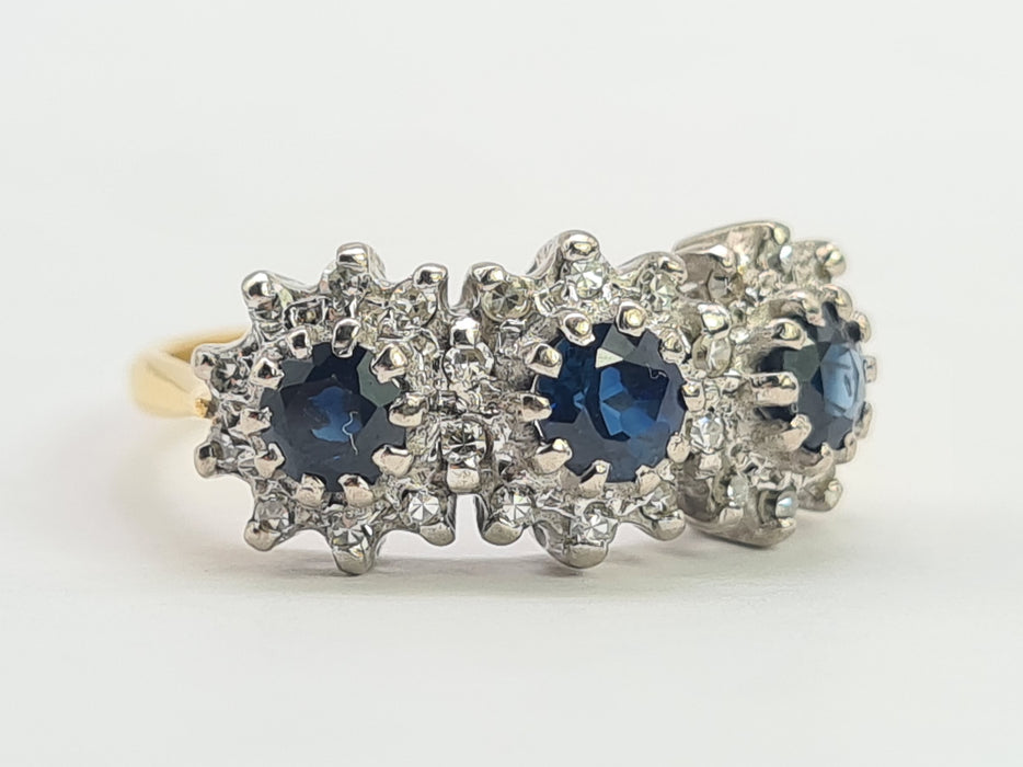 6301 Vintage: 18ct Gold French Blue Sapphires 26 Diamonds Cocktail Ring- Date Mark 1971