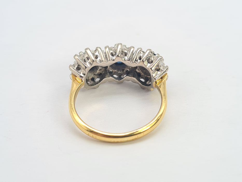 6301 Vintage: 18ct Gold French Blue Sapphires 26 Diamonds Cocktail Ring- Date Mark 1971