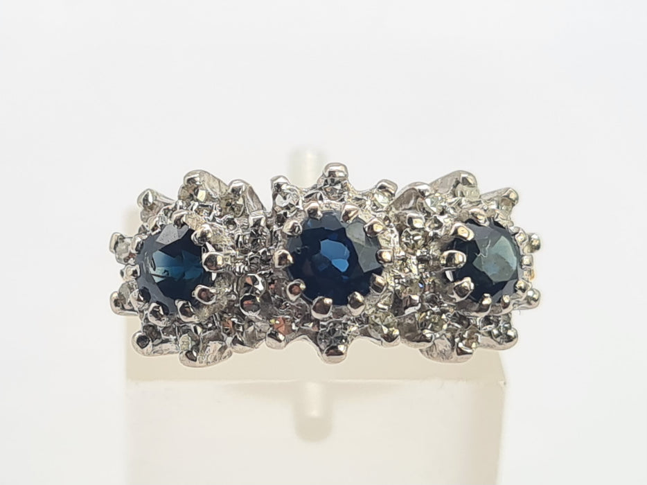 6301 Vintage: 18ct Gold French Blue Sapphires 26 Diamonds Cocktail Ring- Date Mark 1971