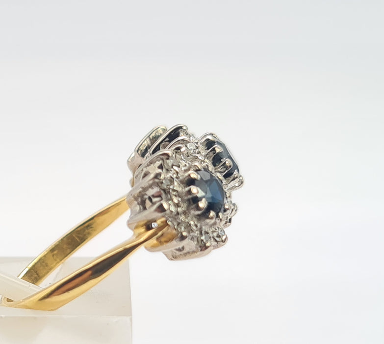 6301 Vintage: 18ct Gold French Blue Sapphires 26 Diamonds Cocktail Ring- Date Mark 1971