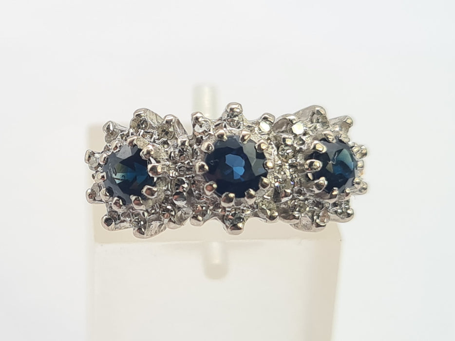 6301 Vintage: 18ct Gold French Blue Sapphires 26 Diamonds Cocktail Ring- Date Mark 1971