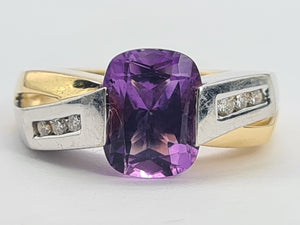 0425: Vintage: 14ct Yellow & White Gold Amethyst Diamonds Statement Ring