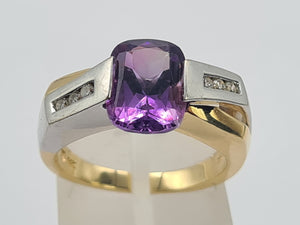 0425: Vintage: 14ct Yellow & White Gold Amethyst Diamonds Statement Ring