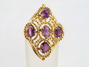 0409: Vintage: 14ct Gold Purple Amethysts Openwork Set Cocktail Ring