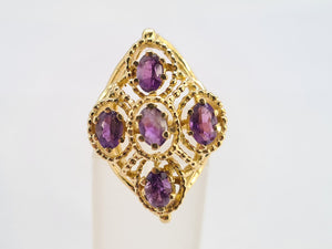 0409: Vintage: 14ct Gold Purple Amethysts Openwork Set Cocktail Ring