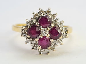 0419: Vintage: 18ct Gold Rubies Diamonds Geometric Set Cocktail Ring- Date Mark 1977