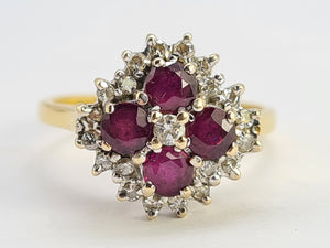 0419: Vintage: 18ct Gold Rubies Diamonds Geometric Set Cocktail Ring- Date Mark 1977