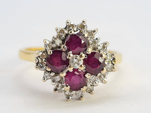 0419: Vintage: 18ct Gold Rubies Diamonds Geometric Set Cocktail Ring- Date Mark 1977