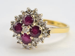 0419: Vintage: 18ct Gold Rubies Diamonds Geometric Set Cocktail Ring- Date Mark 1977