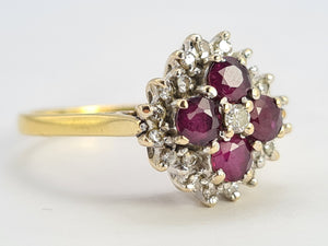 0419: Vintage: 18ct Gold Rubies Diamonds Geometric Set Cocktail Ring- Date Mark 1977