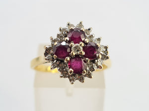 0419: Vintage: 18ct Gold Rubies Diamonds Geometric Set Cocktail Ring- Date Mark 1977