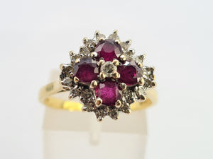 0419: Vintage: 18ct Gold Rubies Diamonds Geometric Set Cocktail Ring- Date Mark 1977