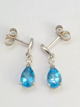 Load image into Gallery viewer, 0547: Vintage: 9ct White Gold Pear Cut Swiss Blue Topaz Diamonds Stud Drop Earrings - lovely
