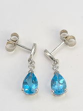 Load image into Gallery viewer, 0547: Vintage: 9ct White Gold Pear Cut Swiss Blue Topaz Diamonds Stud Drop Earrings - lovely
