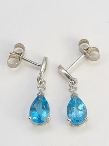 0547: Vintage: 9ct White Gold Pear Cut Swiss Blue Topaz Diamonds Stud Drop Earrings - lovely