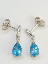 Load image into Gallery viewer, 0547: Vintage: 9ct White Gold Pear Cut Swiss Blue Topaz Diamonds Stud Drop Earrings - lovely
