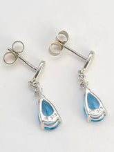 Load image into Gallery viewer, 0547: Vintage: 9ct White Gold Pear Cut Swiss Blue Topaz Diamonds Stud Drop Earrings - lovely
