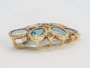 0210: Vintage: Petite 9ct Gold Simulated Aquamarines 7 Diamonds Ring&nbsp;