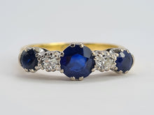 Load image into Gallery viewer, 0480: Vintage: 18ct Gold Cornflower Blue Sapphires Trilogy Diamonds Ring- Exquisite
