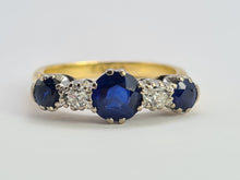 Load image into Gallery viewer, 0480: Vintage: 18ct Gold Cornflower Blue Sapphires Trilogy Diamonds Ring- Exquisite
