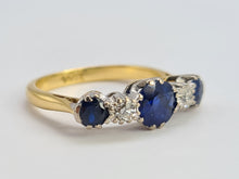 Load image into Gallery viewer, 0480: Vintage: 18ct Gold Cornflower Blue Sapphires Trilogy Diamonds Ring- Exquisite
