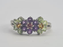 Load image into Gallery viewer, 0352: Vintage: 14ct White Gold Multi-Gems Floral Ring- lovely colour mix
