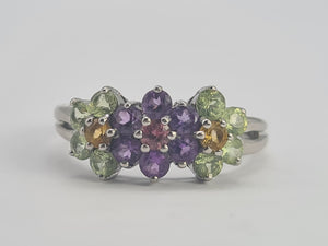 0352: Vintage: 14ct White Gold Multi-Gems Floral Ring- lovely colour mix