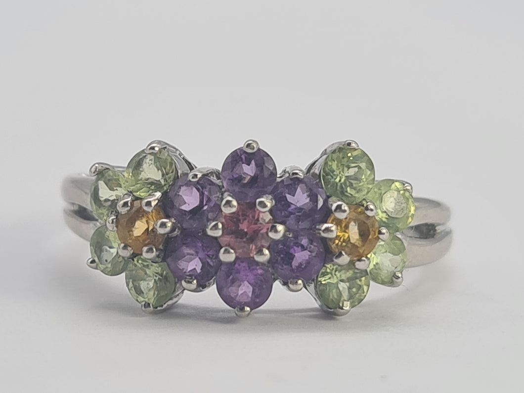 0352: Vintage: 14ct White Gold Multi-Gems Floral Ring- lovely colour mix