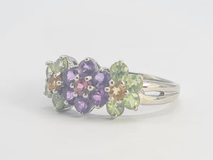 0352: Vintage: 14ct White Gold Multi-Gems Floral Ring- lovely colour mix