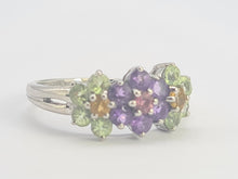 Load image into Gallery viewer, 0352: Vintage: 14ct White Gold Multi-Gems Floral Ring- lovely colour mix
