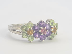 0352: Vintage: 14ct White Gold Multi-Gems Floral Ring- lovely colour mix